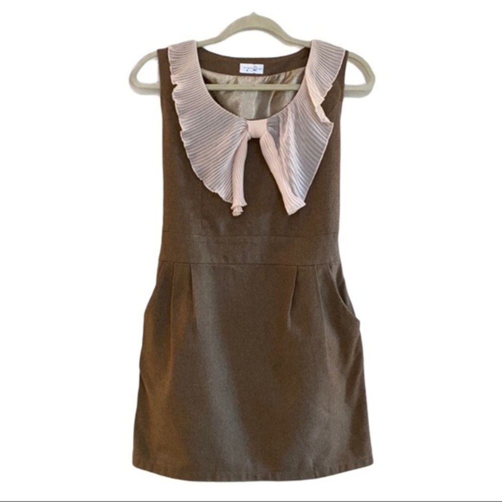 Brown + Cream Ruffle Peter Pan Dress with Pockets